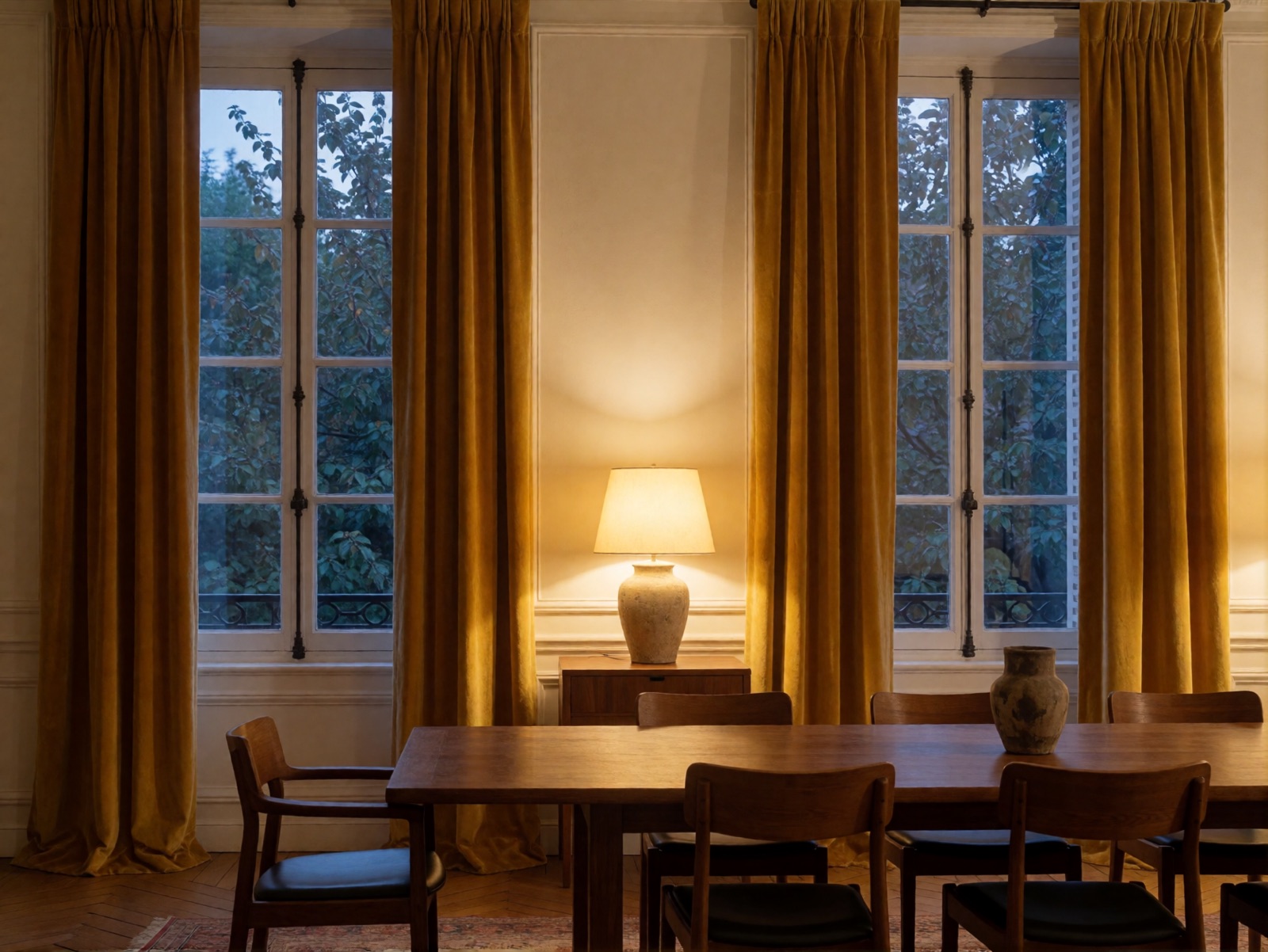 Sala da pranzo, tende in velluto ocra