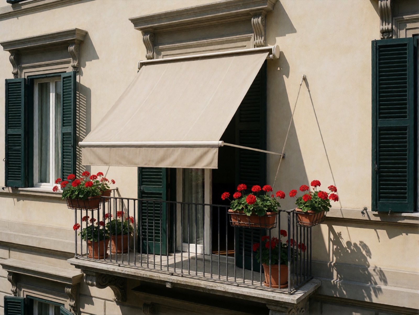 Balcone con tenda da sole color sabbia